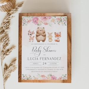 Floral animals spanish baby shower invite printable, animales del bosque baby shower invitación, woodland spanish baby shower invite - C770