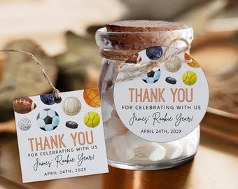All sports balls 1st birthday thank you tag printable, tennis football baseball 1st birthday gift tag, boy sports birthday favor tag - C648