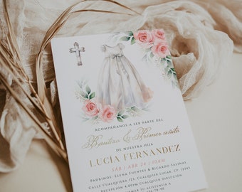 Vestido floral blanco moderno bautizo & primer añito invitation in spanish printable, white dress baptism 1st b-day invitation spanish -C525