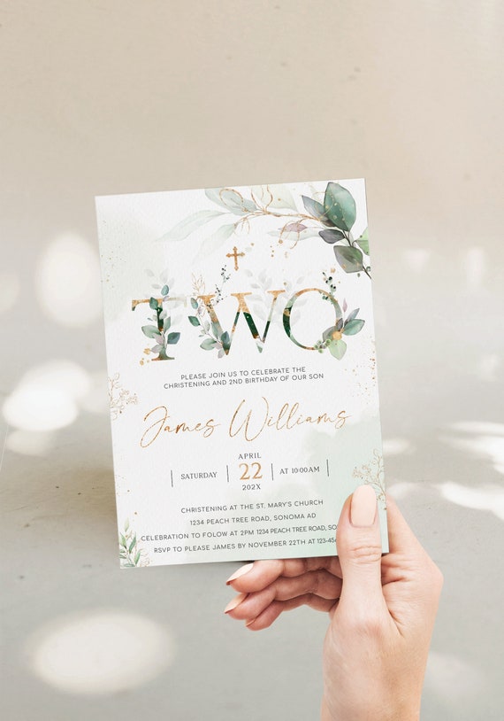Greenery baptism and two birthday invitation template, green gold