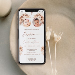 Girl boy baptism 1st birthday invite floral, electronic baptism and first birthday invitation twins girl boy, twins christening evite - C164