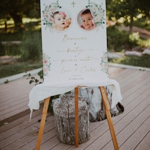 Bienvenidos al bautizo de dos niños, floral twins butizo & primer añito welcome sign template, twins spanish welcome sign with photo -C181-t