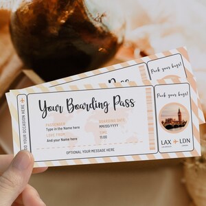 Boarding pass surprise trip gift ticket printable, weekend getaway airline voucher, birthday surprise airplane coupon, pastel flight ticket