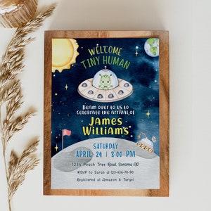 Alien baby shower invite template, galaxy moon ship baby shower invitations card decor, alien UFO space blue boy baby shower printable -C252