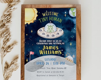 Alien baby shower invite template, galaxy moon ship baby shower invitations card decor, alien UFO space blue boy baby shower printable -C252