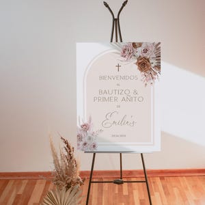 Cartel bienvenida bautizo y primer anito, boho bautizo & primer anito welcome sign printable, floral spanish religious welcome sign - C26