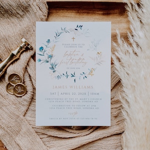 Boy blue floral baptism and first birthday invitation, baptism and 1st birthday invitation template, baptism 1st birthday boy invite - C208
