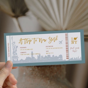 New York birthday gift boarding pass, printable airline ticket template, boarding pass gift voucher, surprise trip ticket travel New York