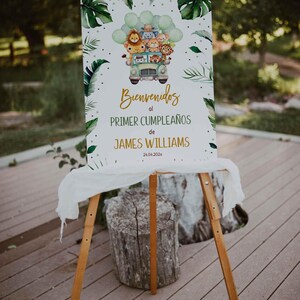 Animales cartel de bienvenida primer cumpleaños, jungle animals birthday welcome sign in spanish printable, greenery welcome poster - C306