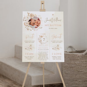 Bohemian baptism milestone sign printable, boho modern baptism milestone with photo, christening milestone, baptism decorations poster -C309