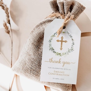 Green leaves confirmation favor tag printable, modern gold cross confirmation thank you tag, minimalist eucalyptus baptism gift tag - C29