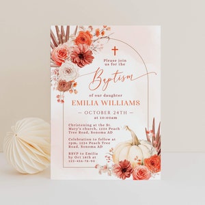 Fall boho arch baptism invitation printable, orange floral autumn baptism invitation card, modern for a girl christening invitation - C328
