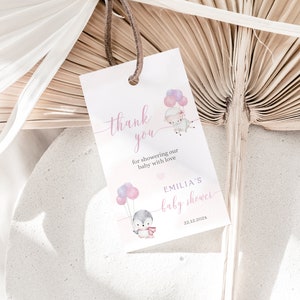 Penguin and sheep baby favor tags template, pink balloon girl thank you tags, girl baby shower tags, penguin party baby girl gift tag - C145