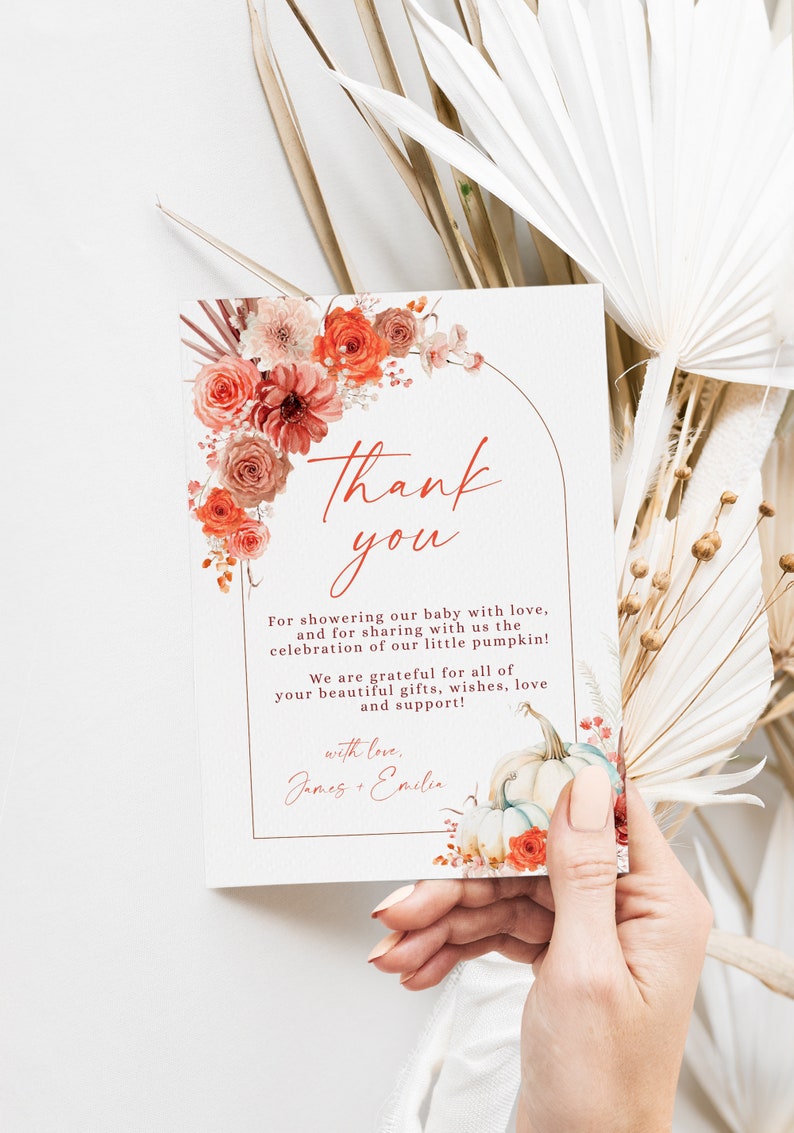 Autumn Floral Baby Shower Thank You Note Printable, Thank You Card Baby