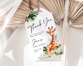 Editable giraffe baby shower favor tag, greenery giraffe baby shower thank you tag, jungle leaves gender neutral thank you favor tags - C504