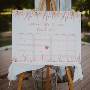 Wildflower baby shower due date calendar printable, flowers baby guess due date calendar game, girl wildfloral guess birth date game - C550