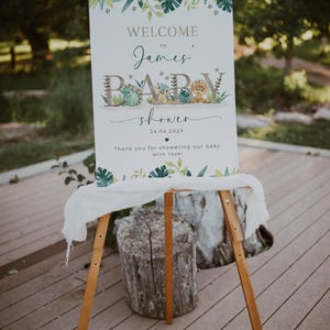 Dinosaur baby shower welcome sign printable, dino greenery baby shower welcome sign, green and beige dino baby shower welcome poster - C498