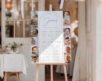 My first year photos milestone board template, boho arch first year collage & milestone poster for a boy, 1st b-day collage milestone sign