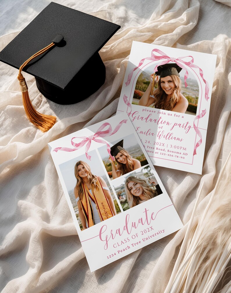Pink Bow Graduation Announcement Invitation With Photo Printable ...