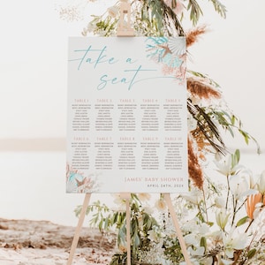 Ocean themed baby shower seating chart sign printable gender neutral, coral reefs baby shower seating chart board for boy or girl-C233