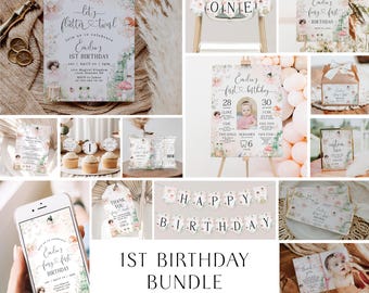 May include: A printable 1st birthday party bundle with a fairy theme. The bundle includes a variety of items, such as invitations, banners, cupcake toppers, and a high chair banner. The design features a watercolor floral pattern with butterflies and the text "Let's flutter & twirl".