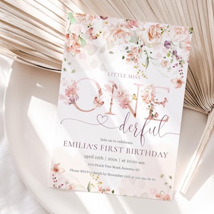 Little miss onederful first birthday party invitation printable, wildflowers one birthday party invite, blush pink 1st bday invite - C134