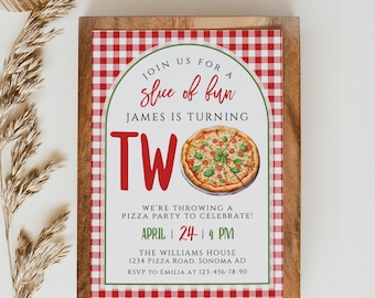 May include: A red and white checkered invitation for a pizza party to celebrate a child turning two. The invitation features a cartoon pizza with the text "Join us for a slice of fun, James is turning two." The invitation also includes the date and time of the party, the location, and the RSVP information.