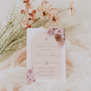 Girl confirmation invitation template, pink boho arch baptism invite, pampas grass christening invitation girl, boho religious invite - C026
