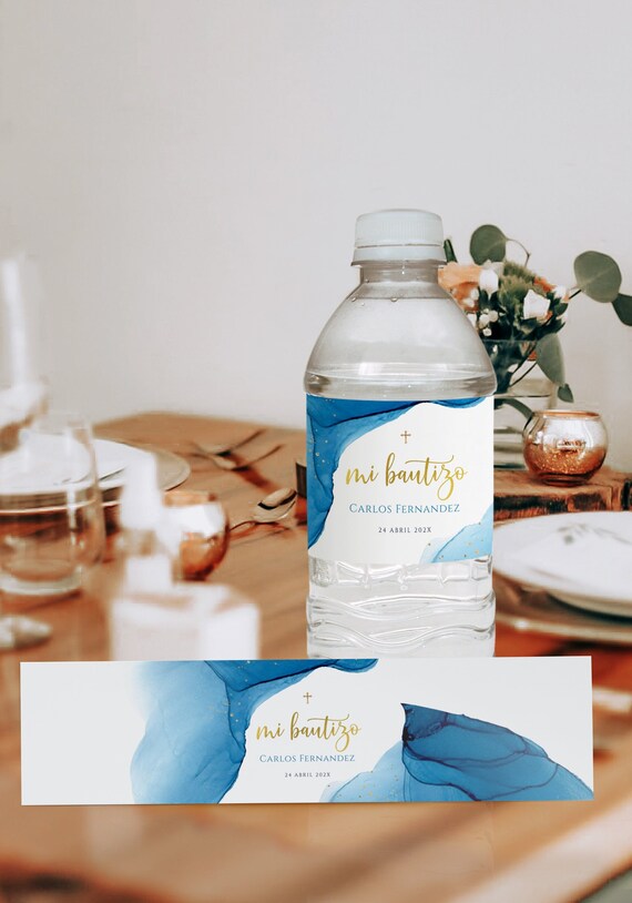 Blue gold water bottle labels baptism in spanish editable, etiquetas bautizo botellas de agua para imprimir, etiquetas para bautizo - C114 Il_570xn