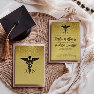Graduation invitation template, medical doctor graduation invite, black & gold announcement invite, medicine graduation invitation card-C388