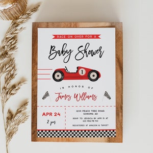 Race on over for baby shower invitation printable, boy red race car baby shower invitation decor, vintage sports car baby shower invite-C301