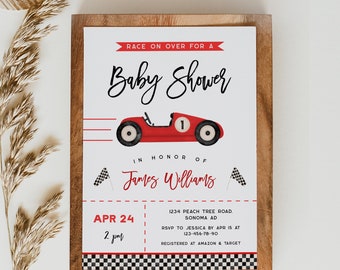 Race on over for baby shower invitation printable, boy red race car baby shower invitation decor, vintage sports car baby shower invite-C301