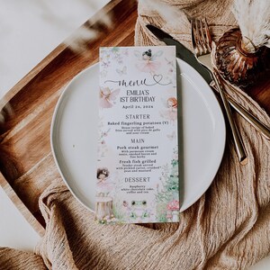 Fairies 1st birthday party menu card printable, enchanted garden fairy birthday menu, magical wildfloral first birthday party menu - C688