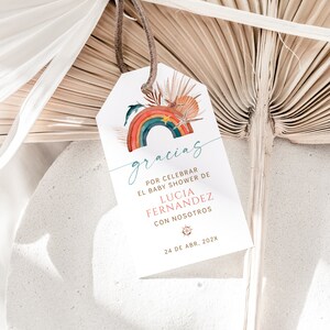 Delfín estrella de mar gracias gift tags niña en español, etiquetas bohemian rainbow ocean theme baby shower favor tags en español - C287