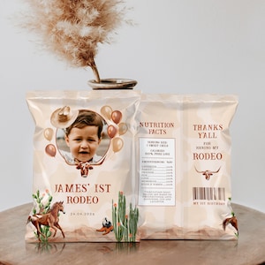 Printable my 1st rodeo chip bag wrapper, cowboy birthday treat bag, horse cactus first birthday snacks wrapper balloons with photo boy -C414
