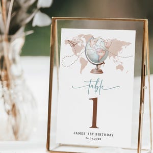 World travel 1st birthday table number printable, travel world map birthday party table number, globe boy birthday party table number - C690