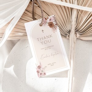 Bohemian pink favor tag template, girl baptism gift tag, girl christening gift tag, baptism favour tags dedication, modern party tags - C26