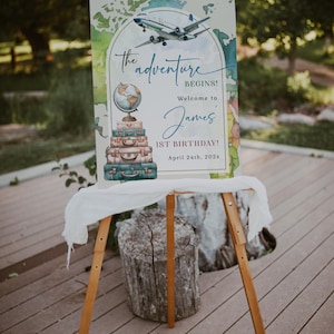 World travel first birthday welcome poster printable, the adventure begins 1st birthday welcome sign, airplane birthday welcome sign - C684