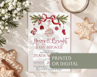 Christmas Merry and Bright Invitation: Winter Holiday Ornament Red Ribbon Baby Shower Invite Card - C886