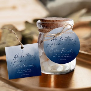 Neutral blue and white spanish baptism favor tag, minimalist gracias thank you gift card bautizo niño español, etiquetas para bautizo - C224