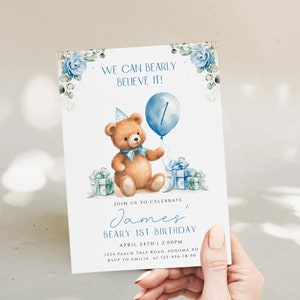 We can bearly believe it boy 1st birthday invitation card printable, any age boy bear birthday invitation blue floral boho decoration - C507