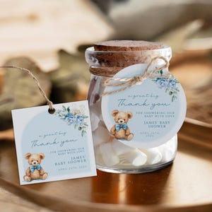 Cute bear baby shower favor gift tags printable, blue bohemian baby shower thank you tag, boho arch blue floral baby shower gift tags - C505