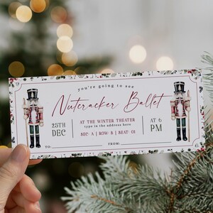 Nutcracker ballet gift tickets red floral decor printable, xmas theme modern ballet theatre voucher, winter holiday nutcracker event ticket