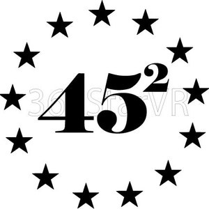 May include: Black and white graphic design featuring the number 45 with a superscript 2. The number is surrounded by a circle of 12 black stars.
