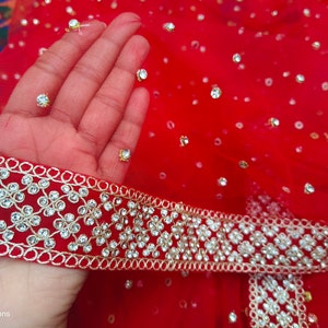 Red Zircon Stone Work Border Bridal Dupatta, Red, stole/ wrap, panjabi dupatta, can be customize in Colour