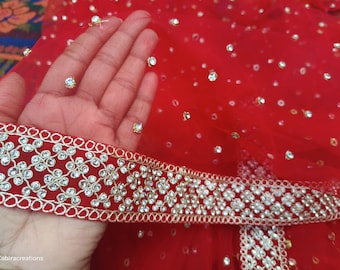 Red Zircon Stone Work Border Bridal Dupatta, Red, stole/ wrap, panjabi dupatta, can be customize in Colour