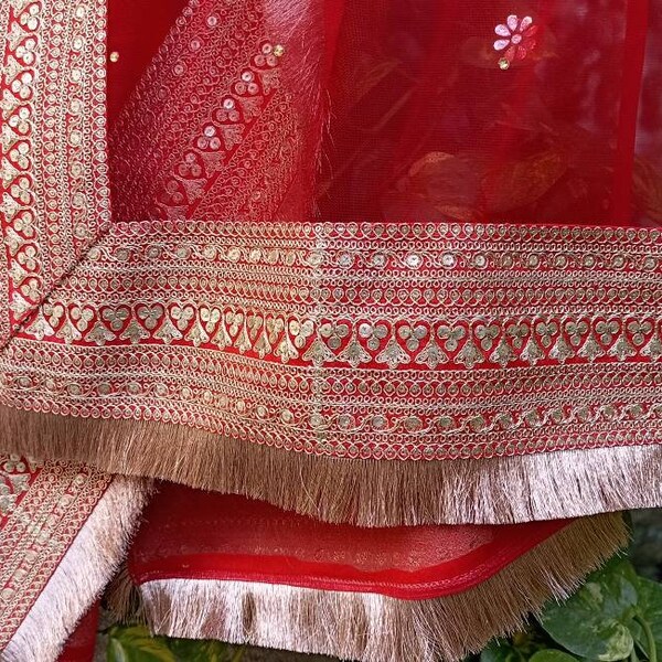 Red Embellished Dupatta with Beads and Stones