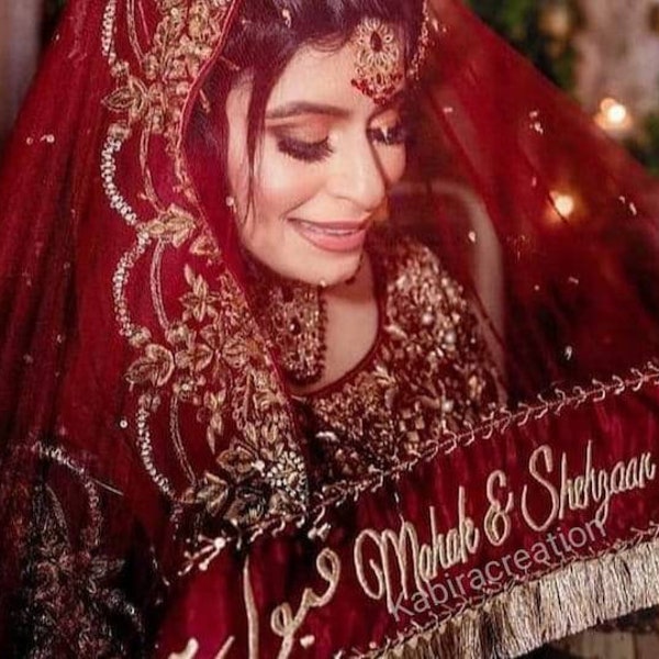 Zari Writing Nikah Dupatta, qubool hai, veil, Scarf, bridal dupatta ( One Side Name only), Color, Name, Design, Language can be customized