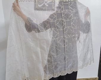 White Organza Dupatta with Gold Sequin Embroidery, Festive Veil