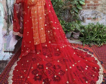Red and Gold Long Trail Wedding Dupatta, Scalloped border, bridal dupatta, scarf, veil,can be customize in any color